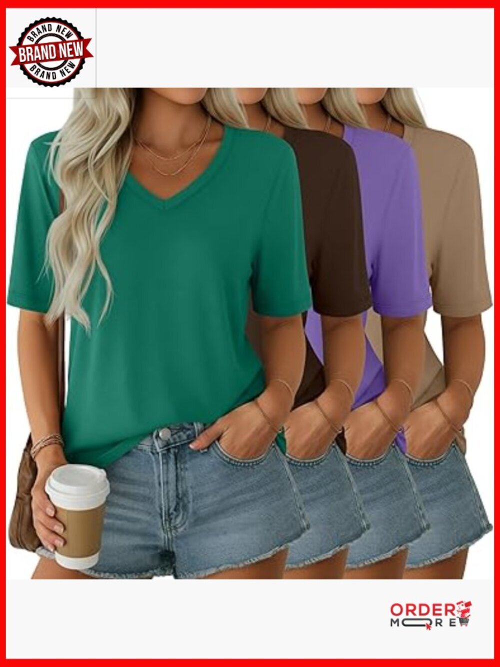4 Pack Women's V Neck Half Sleeve Tops Loose Fit T-Shirts
